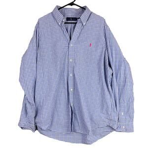 Ralph Lauren Mens Shirt Blue Plaid Long Sleeve Button Down Pink Pony Cotton XL